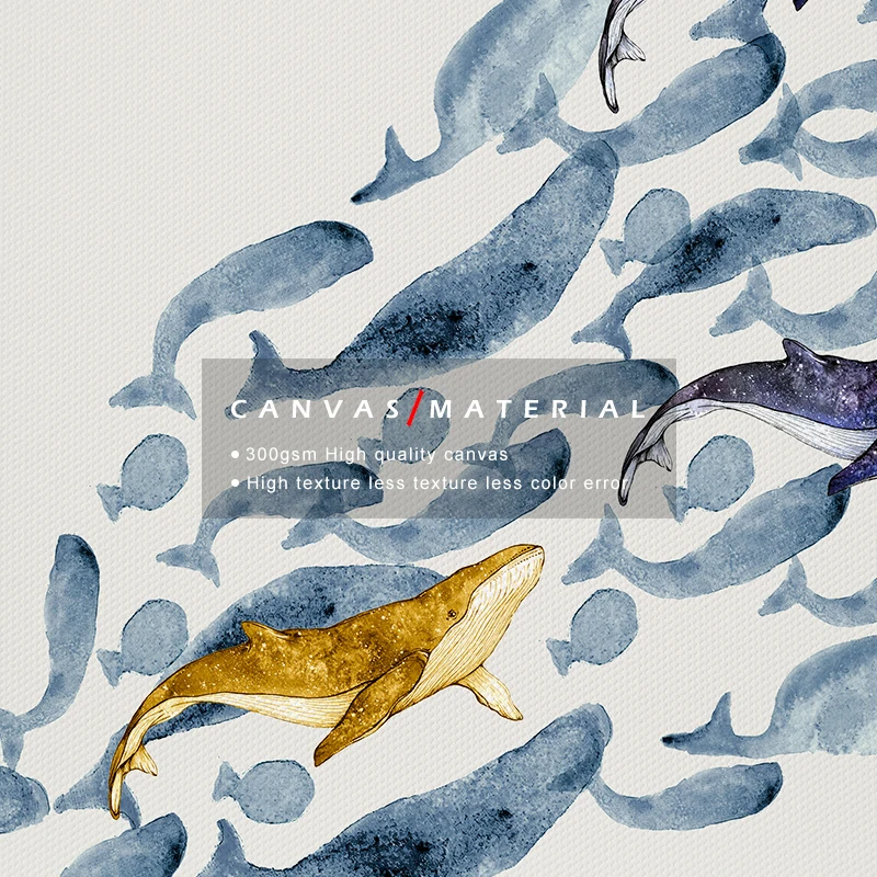 Cartoon Blue and Gold Whales Group Canvas Painting Nordic Poster and Print Wall Art Modern Pictures for Kids' Room Home Decor