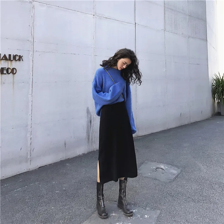 black skirt Осень зима Женская трапециевидная юбка с разрезом вязаная элегантная женская Повседневная модная эластичная высокая талия Корейская длинная миди юбка куртка - Цвет: black skirt