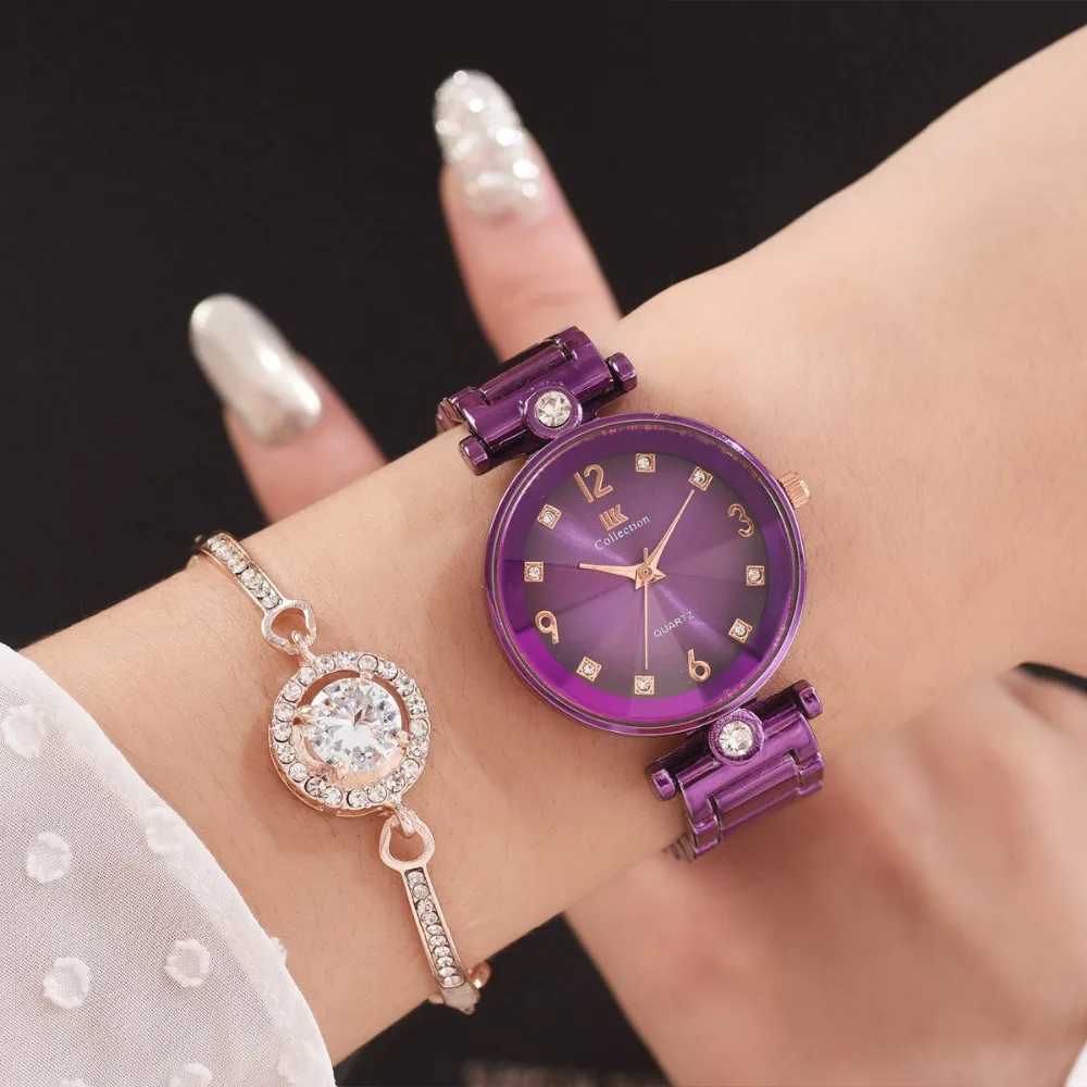 Роскошные женские часы, подарочный набор, модный браслет, наручные часы с ювелирным браслетом, набор, стразы, нержавеющая сталь, градиентный циферблат, часы