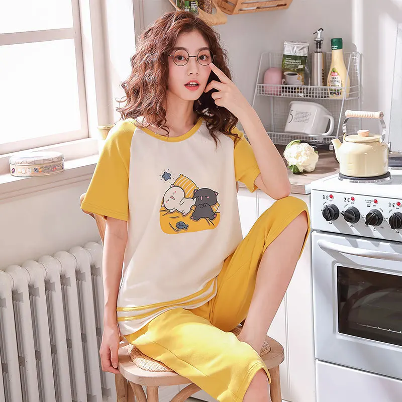Photo Color Пижамы женские летние хлопковые с коротким рукавом укороченные штаны Двухсекционный пижамный комплект большого размера Свободный Повседневный Удобный домашний сервис - Цвет: Photo Color