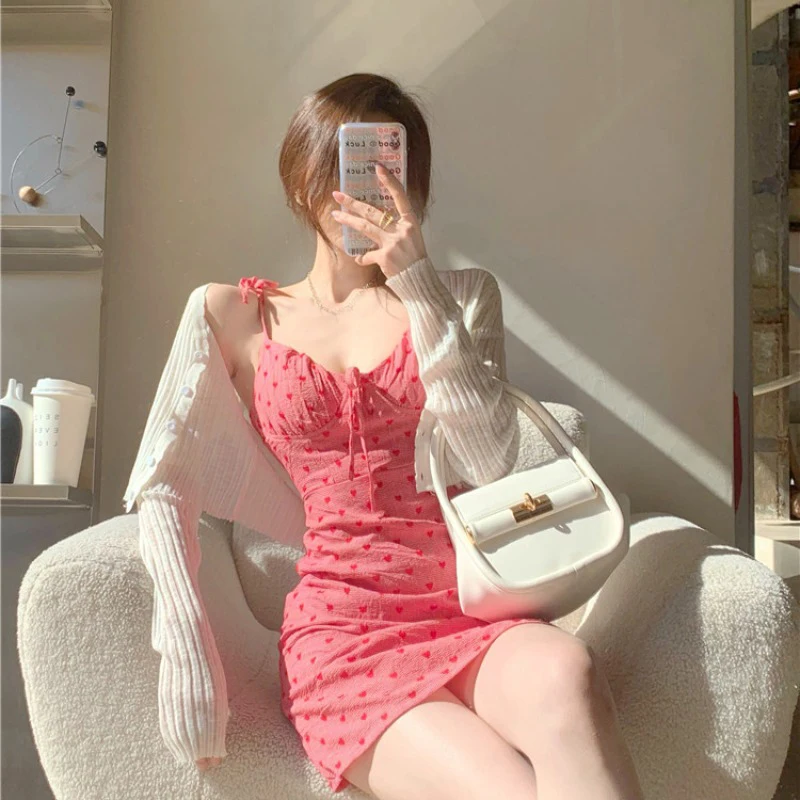 Sleeveless Sheath Midi Dress Women’s Sexy Bandage Cute Ulzzang Mini Trendy Holiday Vacation Womens Student Summer Beach Getaway Popular Leisure Ins Comfortable Spaghetti Straps Dresses for Woman in love heart Pink 