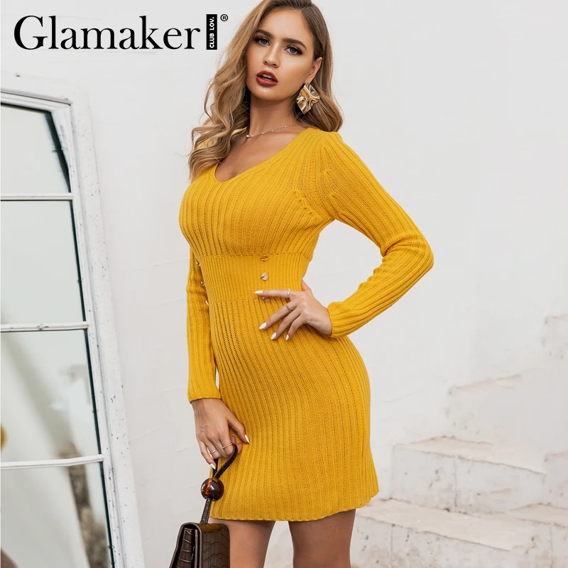 

Glamaker Knitted yellow sexy short sweater dress Women elegant bodycon autumn dress Female long sleeve party club dress winter