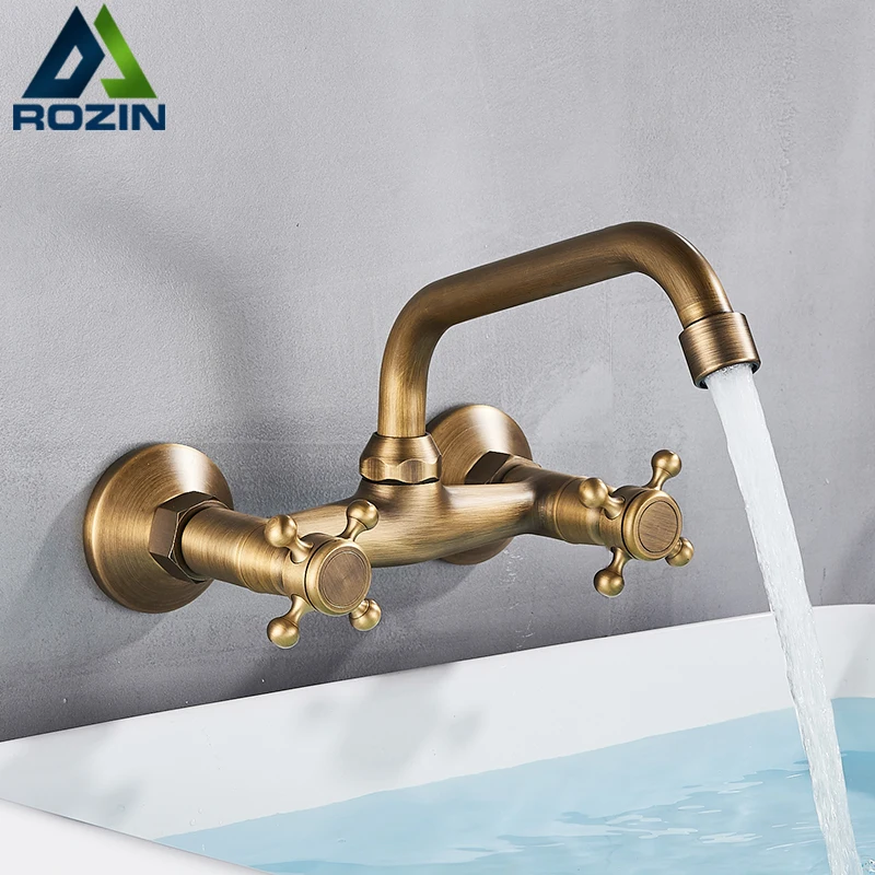 Antique Brass Kitchen Sink Faucet 360 Swivel Spout Hot and cold Bathroom Kitchen Mixer Crane Mop Pool Taps Dual Handle Faucet