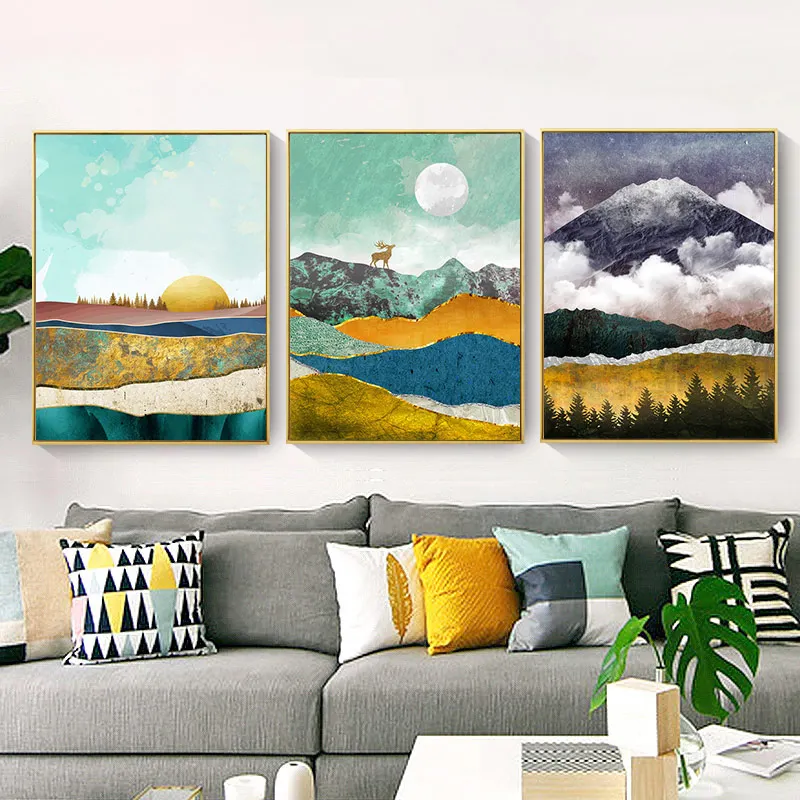 Nordic-Abstract-Wall-Art-Geometric-Mountain-Landscape-Art-Print-Posters-Canvas-Painting-Gold-Sun-Wall-Picture