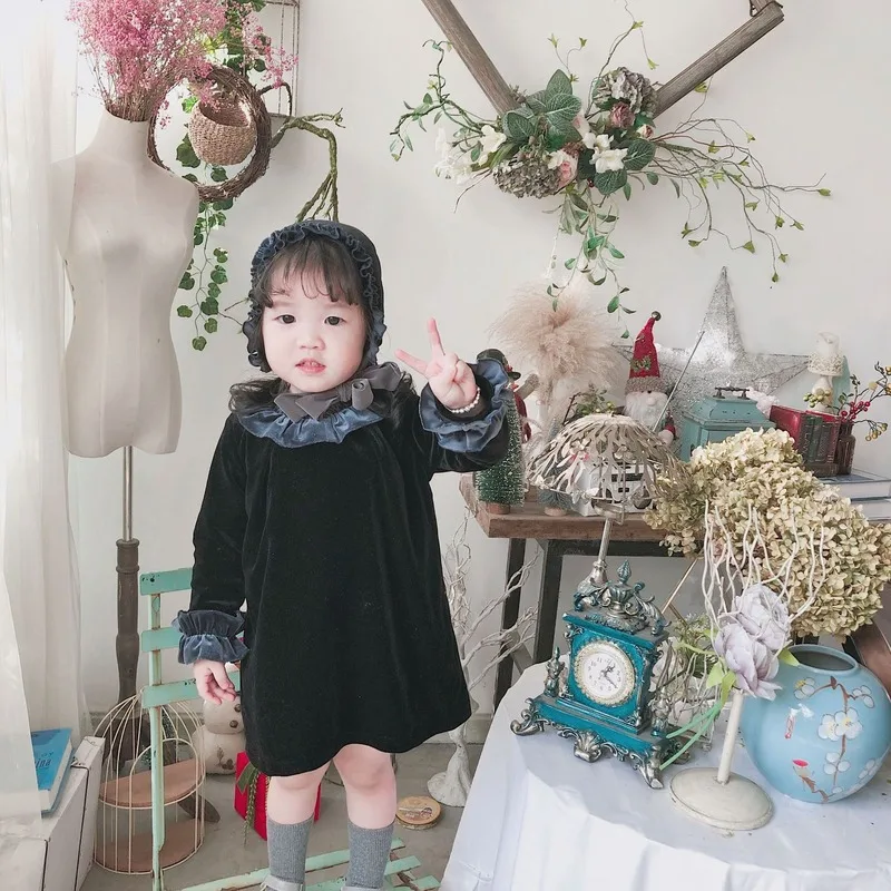 Коллекция года, Осеннее испанское детское платье бархатное платье в стиле ретро с плиссированным воротником и листьями лотоса+ шапки, Детские платья для девочек, рождественское платье