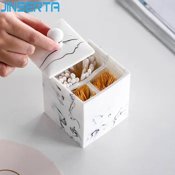 

JINSERTA Marbled Cotton Swab Storage Box Resin Cosmetic Organizer Toothpick Holder Living Room Bathroom Cotton Pad Box with Lid