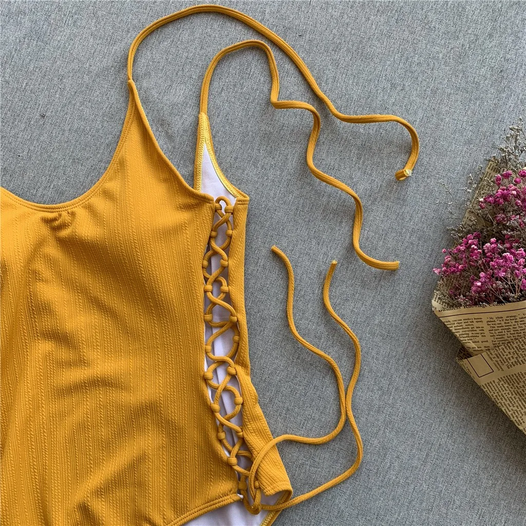 JAYCOSIN solid color strap one-piece bikini swimwear women Slim sexy swimsuit bathing beach fashion youth summer bikini yellow 