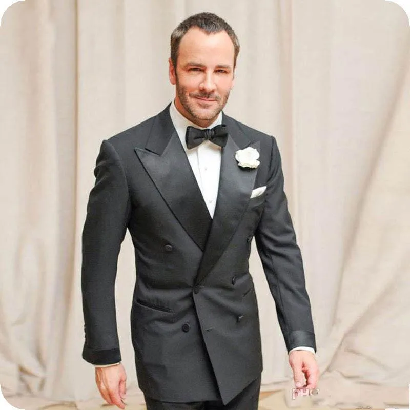 Черный смокинг для жениха, мужской двубортный приталенный Свадебный костюм, мужской блейзер с острым отворотом, 2 предмета, Terno Masculino