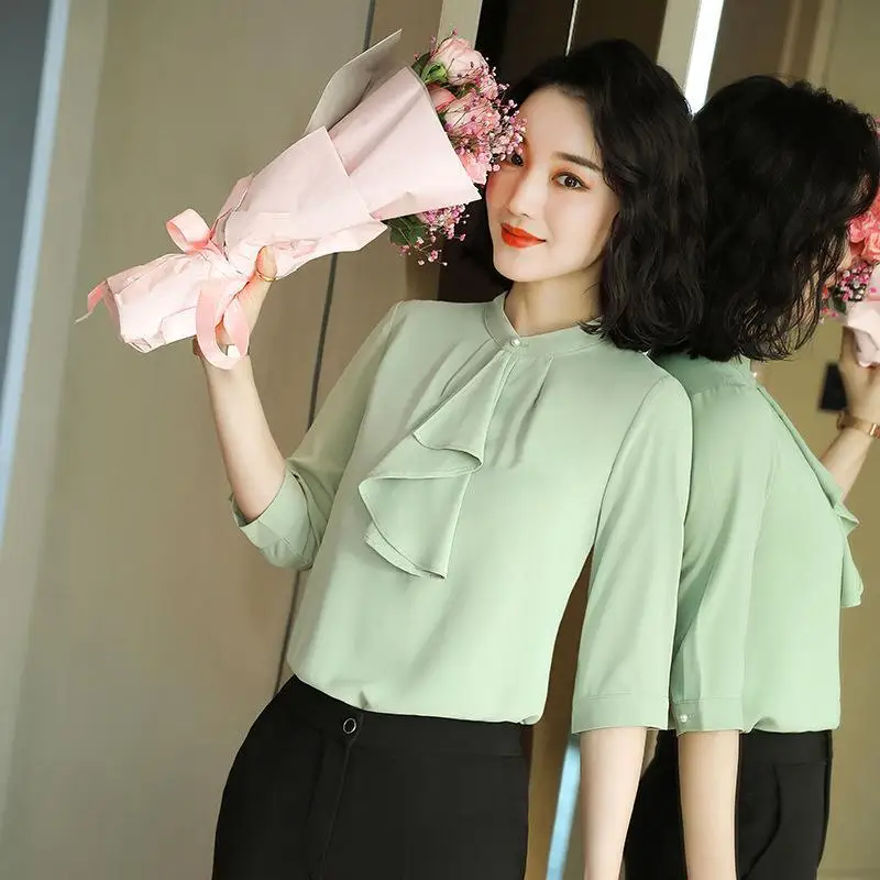 

2020 2020 Spring New Style Half-sleeve Shirt Shirt Women Wear Korean-style Slim Fit White Collar Versatile Shirt Beauty Work