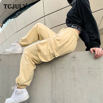 

TCJULY Spring 2020 Streetwear Khaki Cargo Pants Pockets Drawstring Loose Casual Trousers Women High Waisted Hip Hop Jogger Pants
