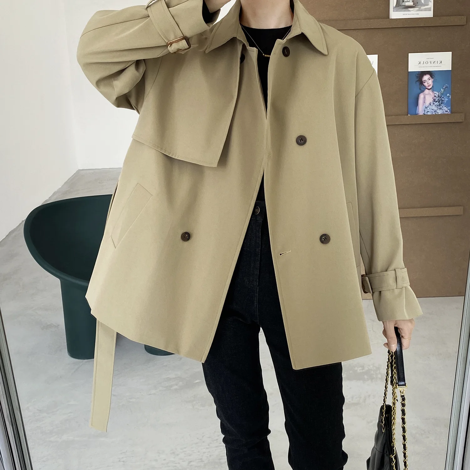 Back Button Windbreaker British Style Lace-up Autumn New Waist Short Coat Women's Thick Trench Coat