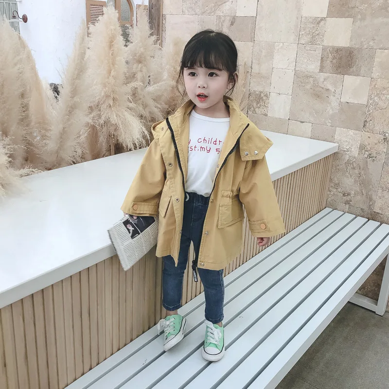 

2020 Spring And Autumn New Style Children Girls Versatile chao yang Gas Long Hooded Solid Color Trench Coat Fashion Jtq-c05