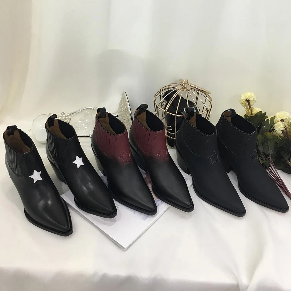 

BELLECOM 2019 Autumn New Star Design Tip Bare Boots Leather Thick-heeled Fashion Shoes