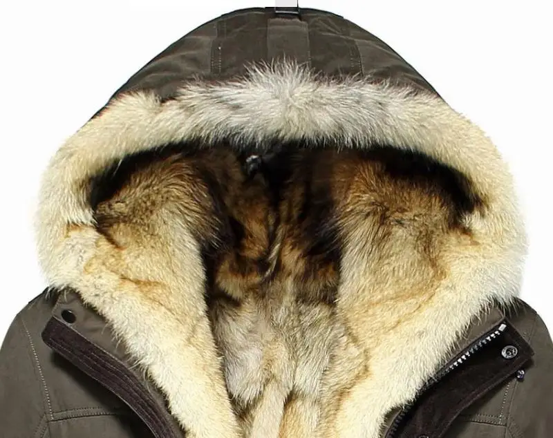 PViviYong зимняя высококачественная Мужская куртка с капюшоном и подкладкой из волчьего меха, мех енота, отстегивающиеся парки, Мужское пальто 1125