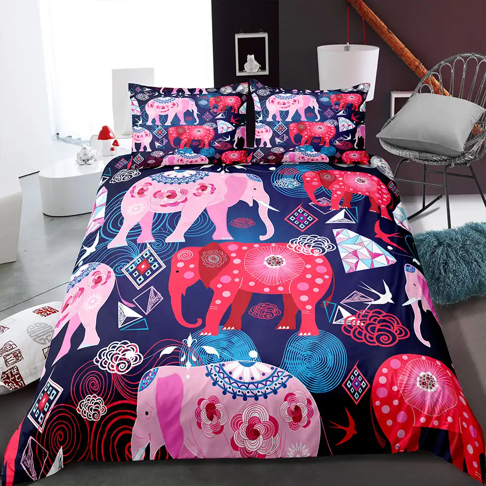 Indian Elephants Duvet Cover Set Exotic Art Colorful Bed Linen Set