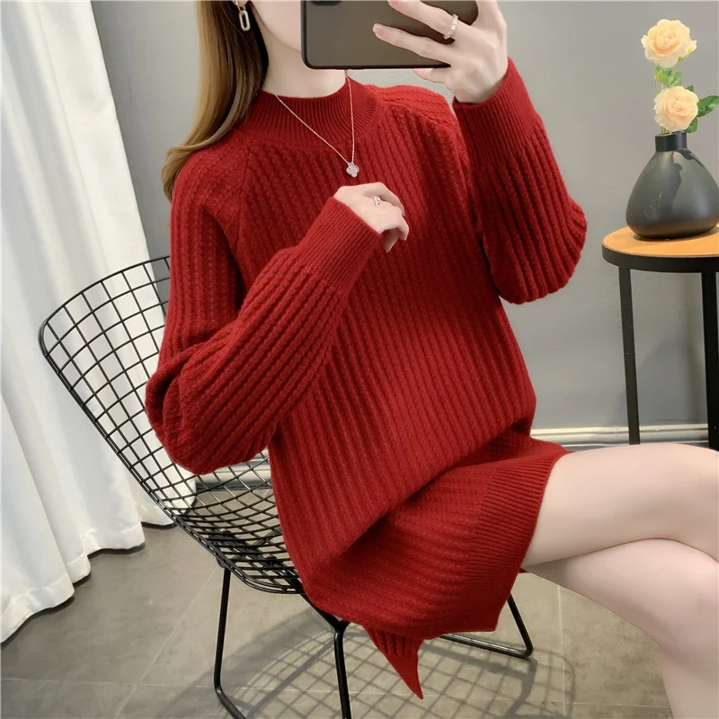 

22421 (No. 4, row 7, room 1) real shooting solid color half high collar medium and long Pullover Sweater 55