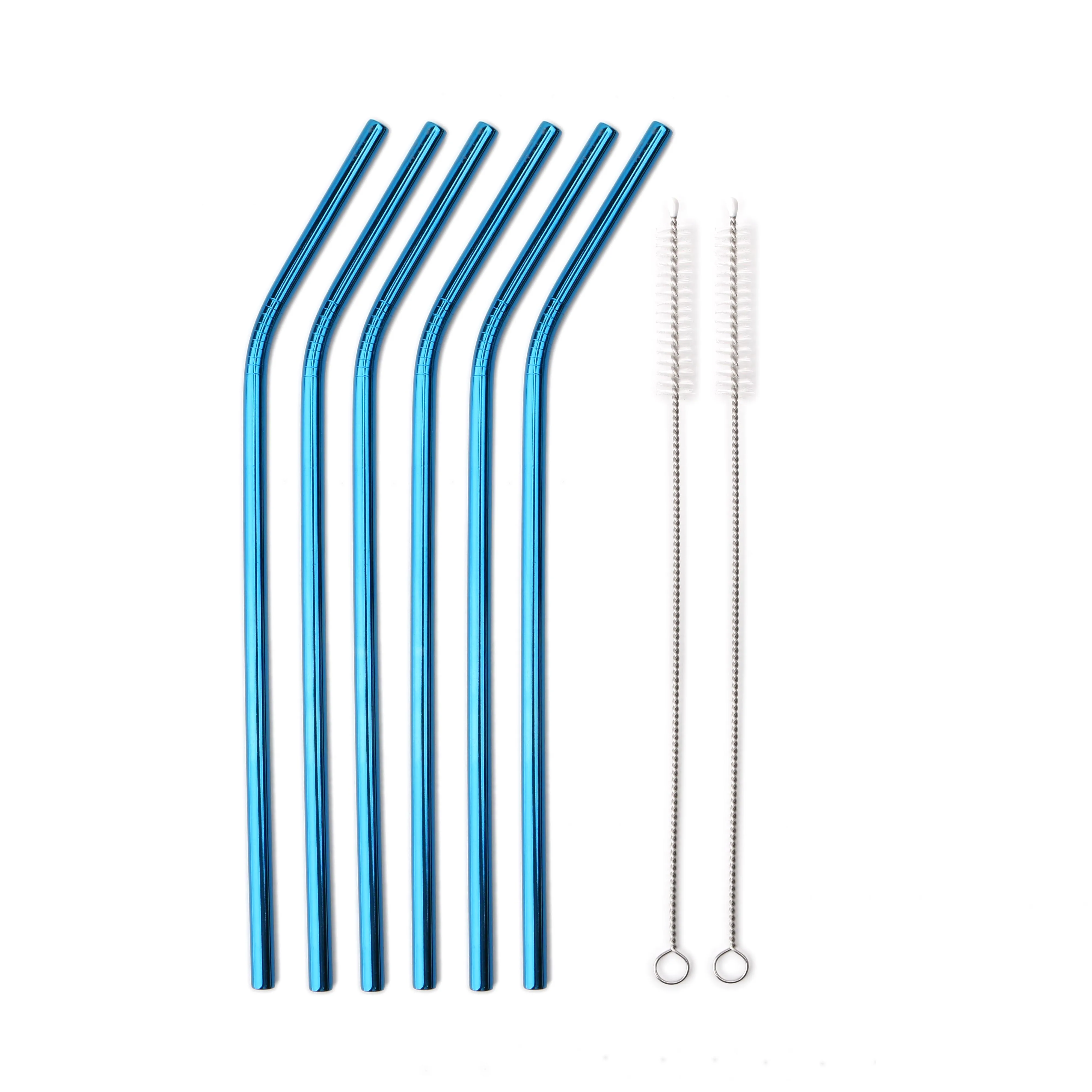 Blue 6pcs 6 шт. Экологичные многоразовые металлическая соломинка 304 Нержавеющая сталь питьевой соломы с чистящая щетка для кружек 20/30 унций - Color: Blue 6pcs