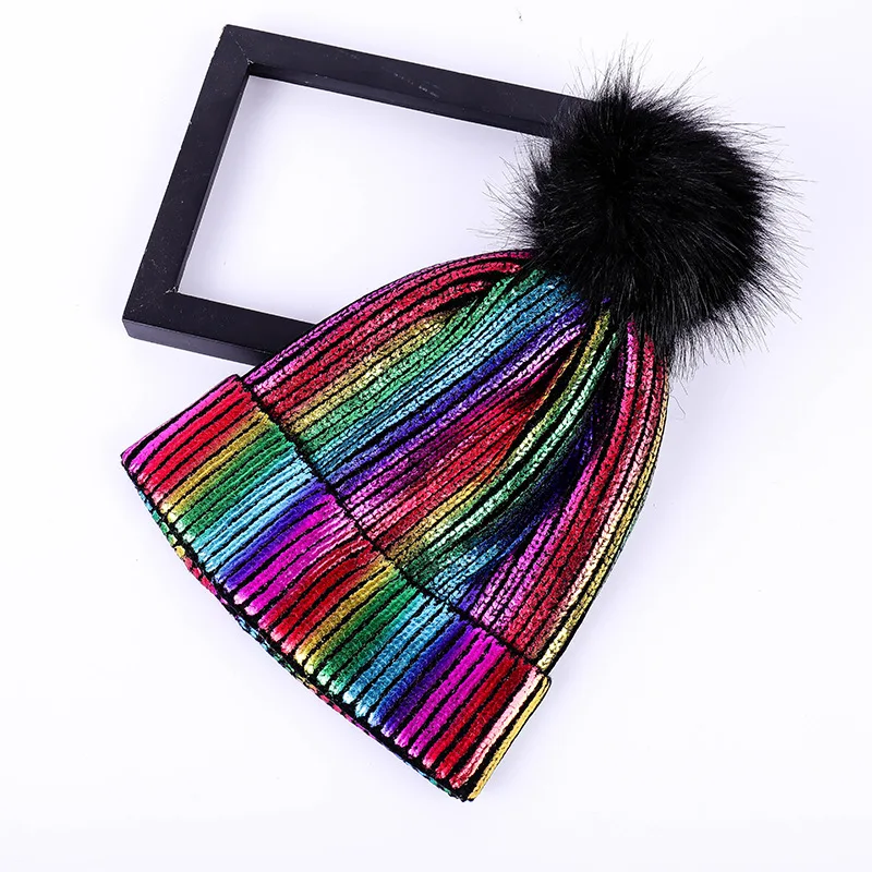 Зимняя теплая вязаная шапка из искусственного меха с помпоном для девочек - Цвет: Многоцветный