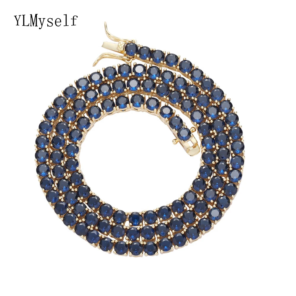 

Brass 7/8/16/18/20 Inch Tennis Necklace/Bracelet Pave 4mm Montana Blue Cubic Zircon Unisex Hip hop Rock Chain Jewelry For Men