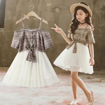 

3-14 years old 2020 summer Korean big girl kid toddler plaid patchwork mesh dress children teen teenage strap tulle vestidos