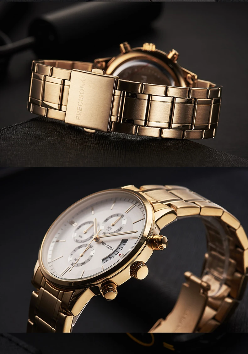 Precisona новые модные мужские часы с нержавеющей/кожаной сталью лучший бренд класса люкс спортивные кварцевые часы с хронографом