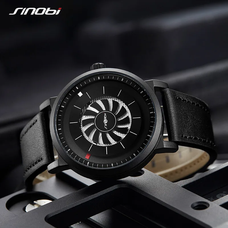 Мужские наручные часы, кварцевые, бренд SINOBI, дизайн вентилятора, поворотный циферблат, креативные часы для мужчин, мужские спортивные кожаные водонепроницаемые часы, Relogio