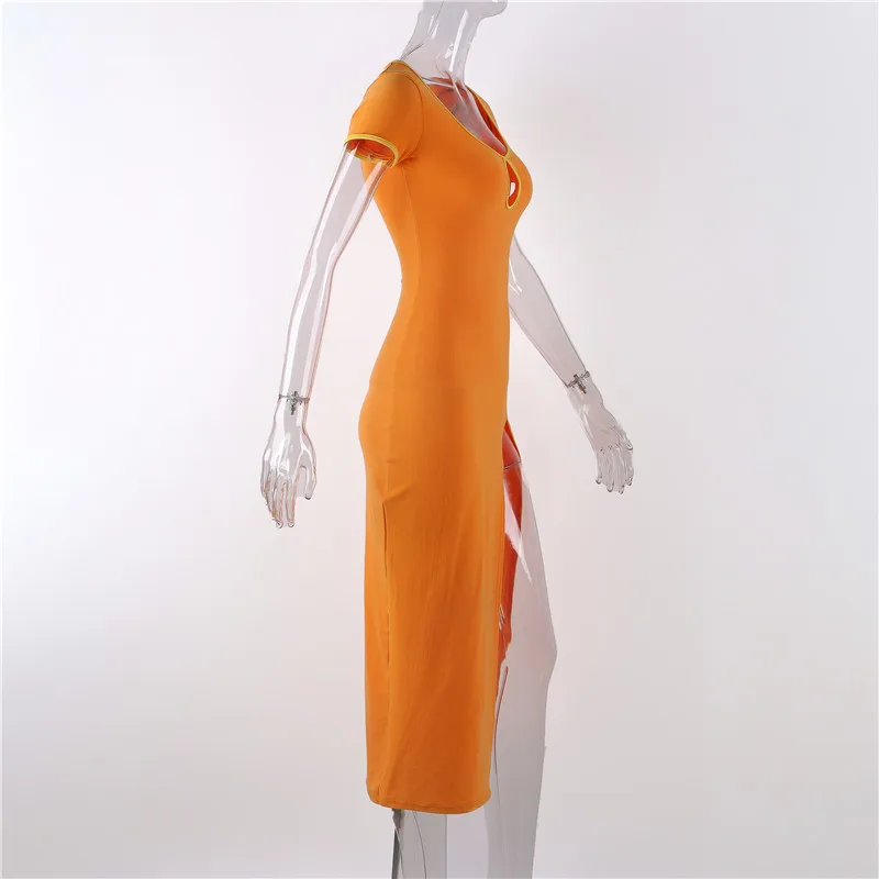 FSDA 2022 Summer Split Hollow Out Midi Dress Bodycon Short Sleeve Sexy Club Patchwork Y2K Orange Women Dresses Party dresses for women