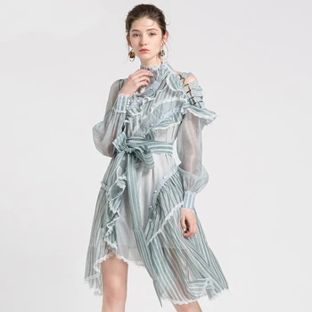 

Women's Pretty Luxury Dress Formal Elegant Vestidos Autumn New Ins Hot Ladies Sexy Striped Lace-up Ruffles Midi Party Dresses