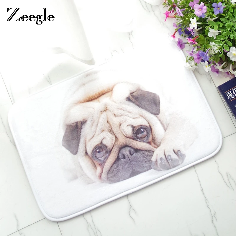 Zeegle Doormat Floor Mat Pug Pattern Cute Dog Door Mat Flannel Fleece Carpet Non-slip Bath Bathroom Mat Bedroom Rugs