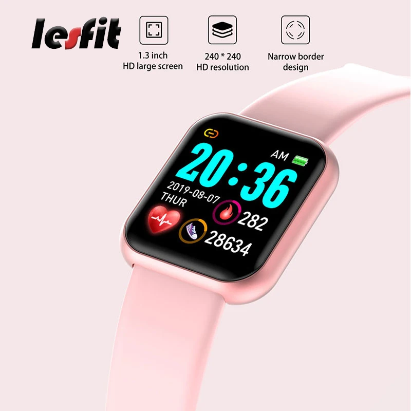 Lesfit розовые Смарт часы для женщин и мужчин Android IOS силиконовый ремешок