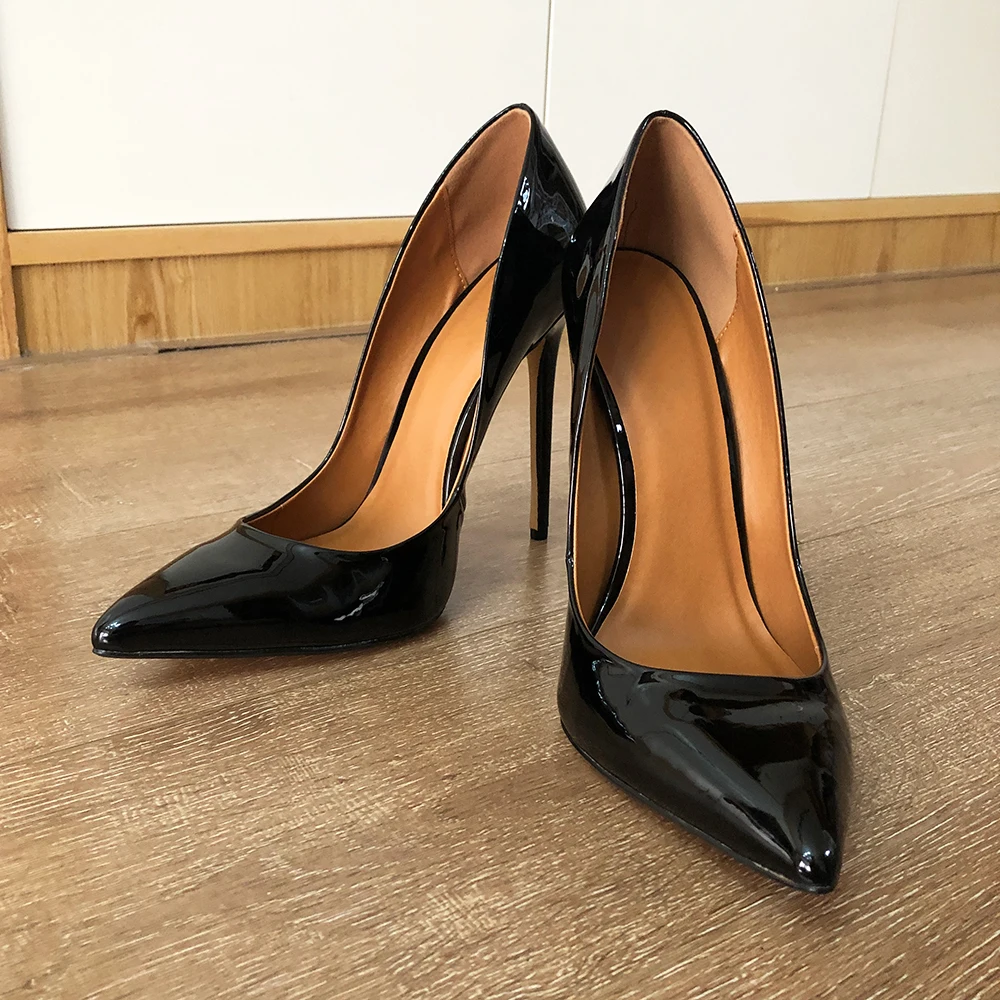 Veowalk 14cm Extremely High Heel Women Black Patent Pointy Toe