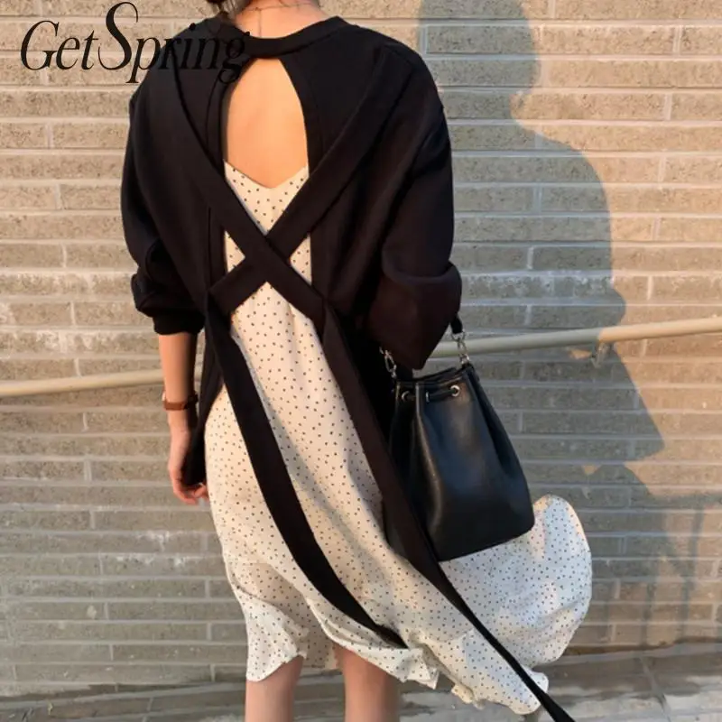 

GetSpring Women Hoodie Long Sleeve Womens Sweatshirts Pullover Back Lace Up Womens Hoodies Loose Irregular Women Coats Autumn