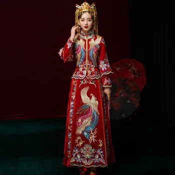 

Bride Embroidery Cheongsam Vintage Chinese Style Wedding Dress Lady Phoenix Gown Marriage Qipao red Clothes Size S M L XL XXL