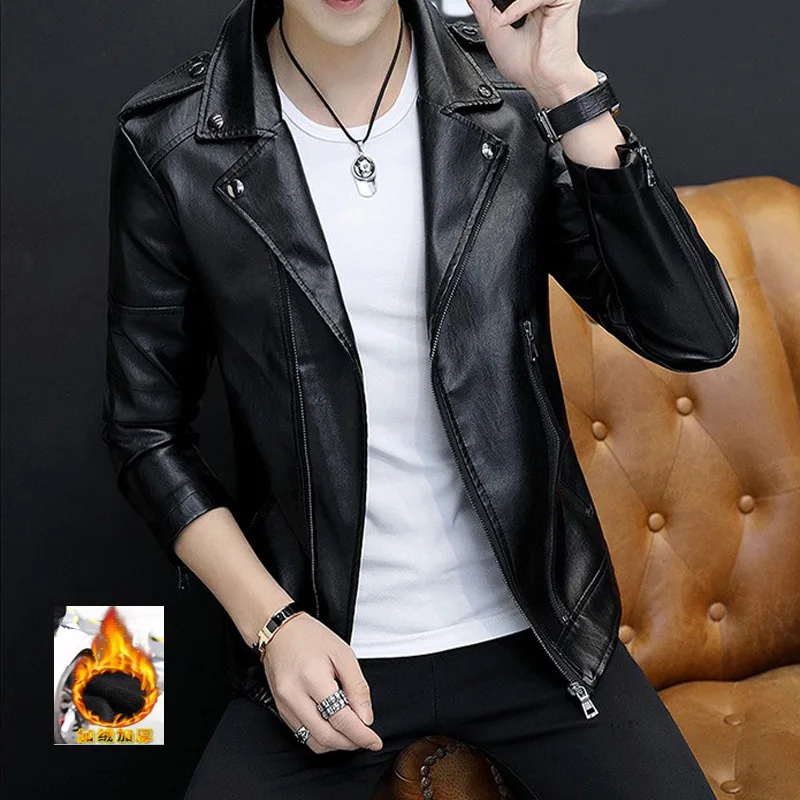 

Men Leather Coat Jacket Motorcycle Clothing plus Velvet Leather Jacket 2019 New Style Slim Fit Casual Versatile Korean-style
