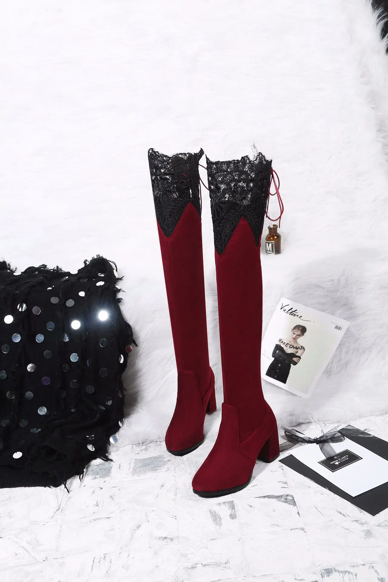 Новое поступление nueva moda salvaje de encaje Sobre las botas de la rodilla con botas de gamuza botas de mujer de gran tamamino