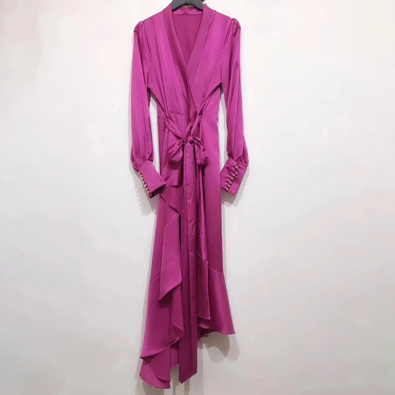 rose red TWOTWINSTYLE необычное элегантное женское платье с v-образным вырезом и рукавами-фонариками, с высокой талией, с бантом, на шнуровке, с рюшами, платья для женщин, новинка - Цвет: rose red