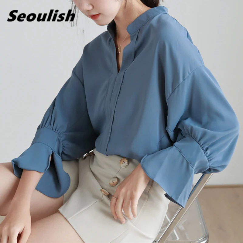 

Seoulish 2021 новые элегантные вечерние женские блузки, рубашки, шифон, в Корейском стиле; Туфли из органической кожи Стиль Фонарь рукавом свободные рубашки для мальчиков топы; Сезон весна-лето
