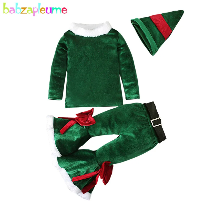 

3Piece Fall Winter Toddler Christmas Outfit Baby Girls Boutique Clothes Fleece Tops+Flared Pants+Hats Kids Clothing Set BC2111