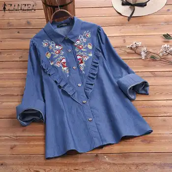 

Plus Size Floral Embroidery Blouse Women Spring Denim Style Shirts ZANZEA Long Sleeve Lapel Neck Blusas Robe Femme Ruffles Tops