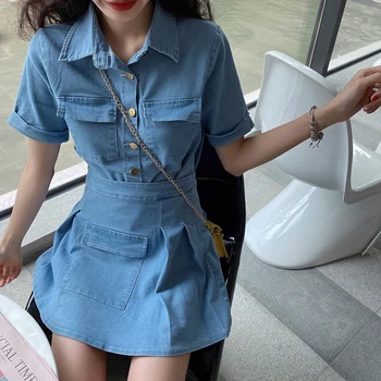 

2020 New Summer Korean Style Short Sleeve Turn Down Collar Blue Denim Shirt Blouse Mini Skirt Two Piece Set Women Outfits TZ184