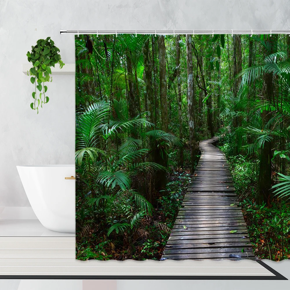 

Green Forest Scenery Shower Curtains Plank Road Jungle Plants Bathroom Curtains Polyester Waterproof Bathtub Screen With Hooks