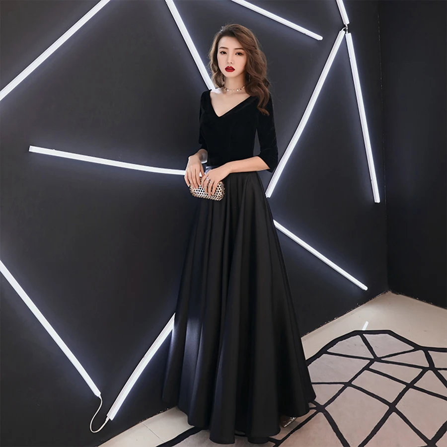 Вечернее платье с v-образным вырезом, рукав три четверти, E056, ТРАПЕЦИЕВИДНОЕ, длина до пола, Robe De Soiree, черное, сексуальное, без спинки, на шнуровке, вечернее платье