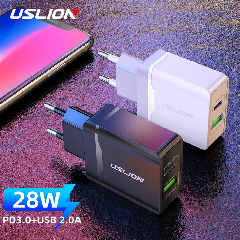 USLION PD3.0 USB зарядное устройство с европейской вилкой, настенное зарядное устройство для мобильного телефона s для iPhone 11 Pro Max X XR 7 8 samsung Xiaomi huawei, быстрая зарядка