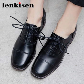 

Lenkisen British school genuine leather square toe med heel lace up shoes women young lady daily wear casual fashion pumps L52