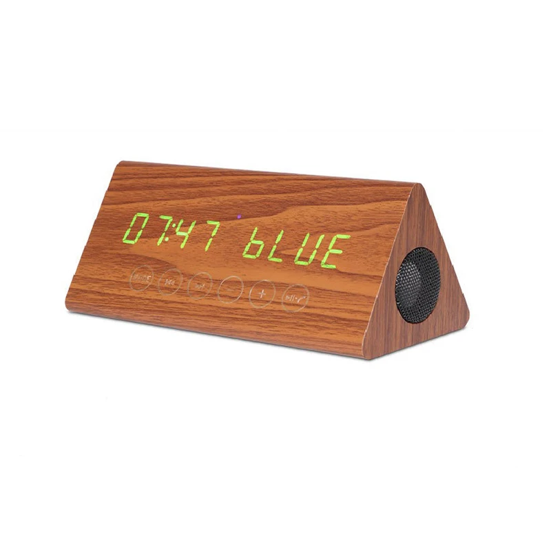 Деревянный Будильник с bluetooth-динамиком, голосовое управление, светодиодный, креативные цифровые часы, деревянный дисплей времени, температура и влажность