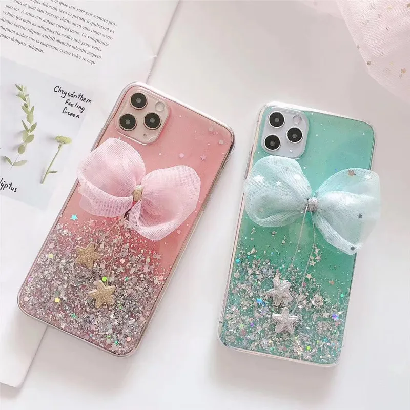 Cute Bow Glitter Star Pendant Bling Shiny Case For iPhone SE 2020 11 Pro Max X XR XS 6S 7 8 Plus 12 Women Fashion Silicone | Мобильные