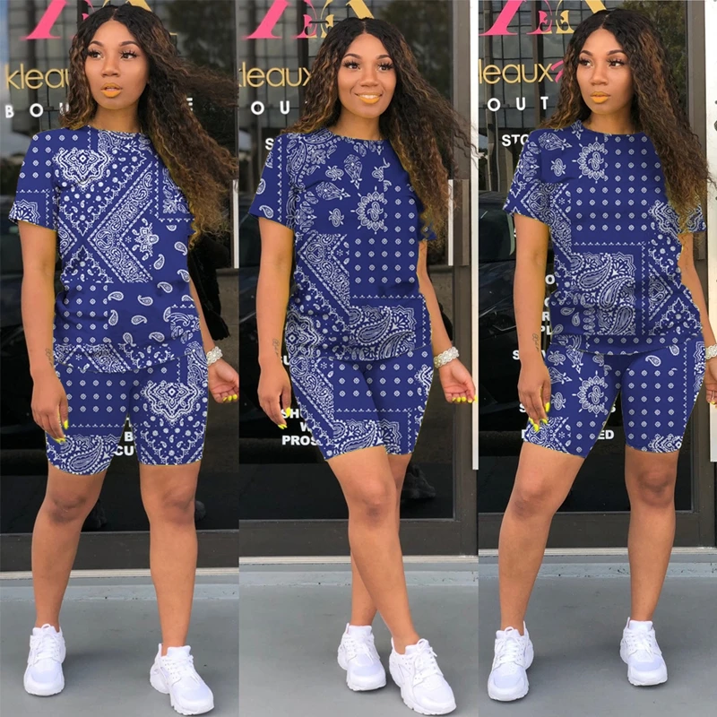 Bandana Print Two Piece Set For Women Summer Short Sleeve T Shirts And  Casual Shorts Loose Tracksuits Fashion Outfit Sports Wear - AliExpress