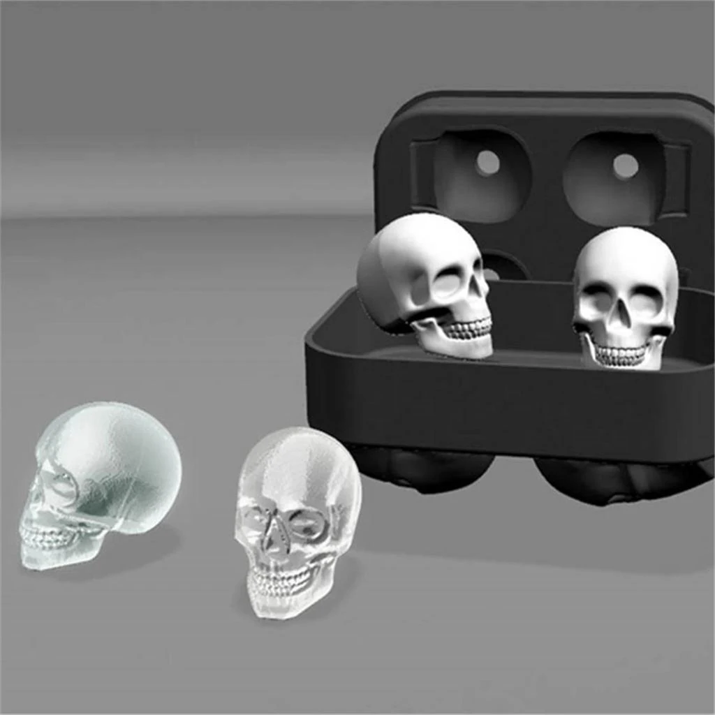 3D Skull Flexible Silicone Ice Cube Mold Tray Makes 4 Giant Skulls Round Ice Cube Maker Black