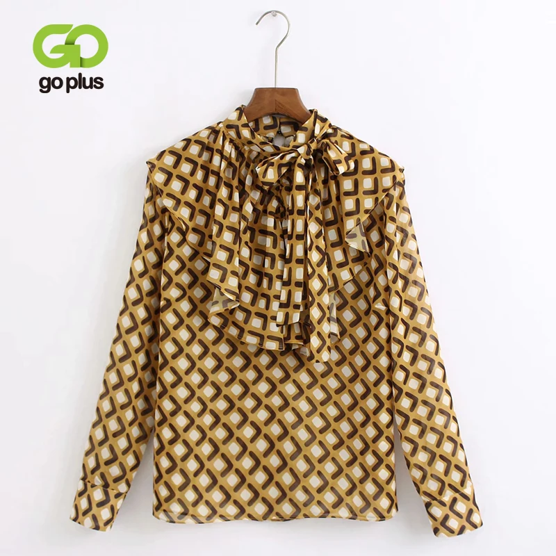 

GOPLUS Spring Women's Blouse Shirt Vintage Yellow Print Full Sleeve Loose Round Neck Blusas Womens Tops and Blouses Ropa Mujer
