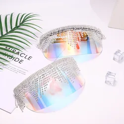 Sequins Rhinestone Tassel Oversized Mirror Sunglasses Punk Rock Big Frame Goggles DJ Cllub Bar Motobike Stage Show Eyeglasse